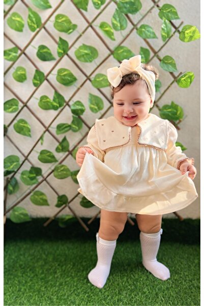 Jammybaby Maita Elbise Kalp Nakışlı Kare Mendil Yakalı %100 Pamuk Waffle Dantelli Bandanalı Kız Bebek Takım