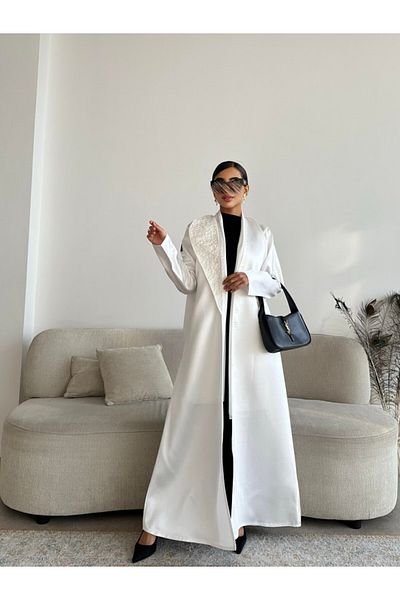 outline White Crystal Abaya Made of Luxurious Mikado Fabric