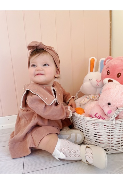 Jammybaby Maita Elbise Kalp Nakışlı Kare Mendil Yakalı %100 Pamuk Waffle Dantelli Bandanalı Kız Bebek Takım