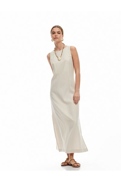 Koton Slit Round Neck Sleeveless Long Linen Dress with Back Window Detail
