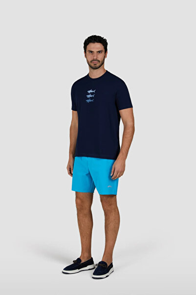 PAUL&SHARK Ανδρικό κοντομάνικο μπλουζάκι με λαιμόκοψη τριών ψαριών με μοτίβο Navy Blue 25411005-013