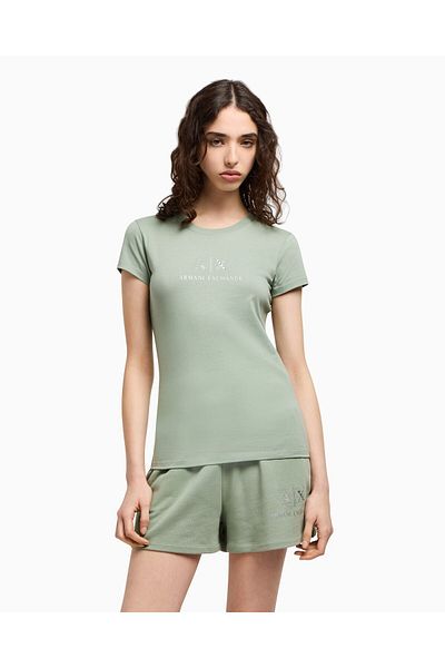 Armani Exchange Γυναικείο μπλουζάκι με λεπτομέρεια από πράσινη πέτρα με μοτίβο λογότυπου 100% βαμβακερό κοντομάνικο μπλουζάκι XW 000386   AF10354-U723