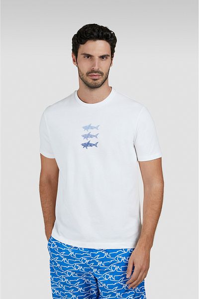 PAUL&SHARK Men's Short Sleeve Crew Neck Three Fishes Pattern White T-Shirt 25411005 -108