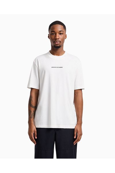 Armani Exchange Tricou alb cu mânecă scurtă, 100% bumbac, cu decolteu rotund, cu logo pe față și pe spate, pentru bărbați XM 000588