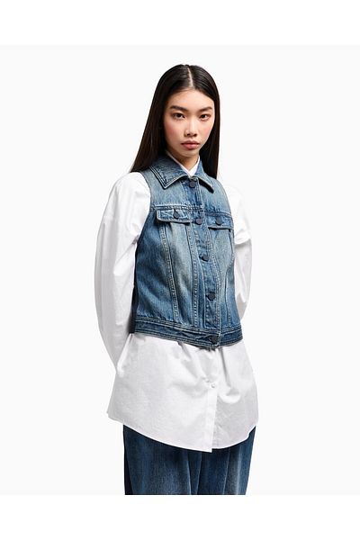 Armani Exchange Women's Slim Fit Button Closure Cotton Pocket Detailed Sleeveless Navy Blue Jacket Xw 000558   Af12845-Mb115