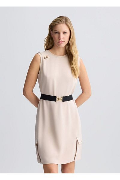 Liu Jo Women's Belted Waist Round Neck Sleeveless Ecru Dress Ta5139Ts923-41305