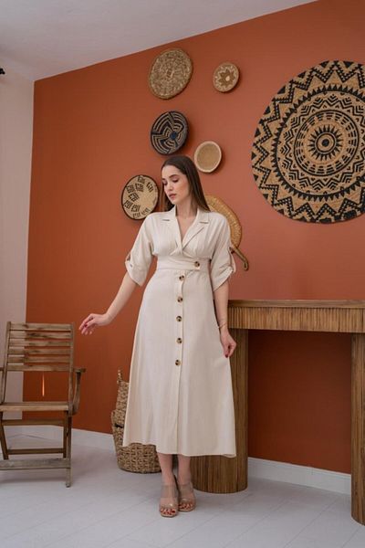 modaserdem Beige Buttoned Linen Dress