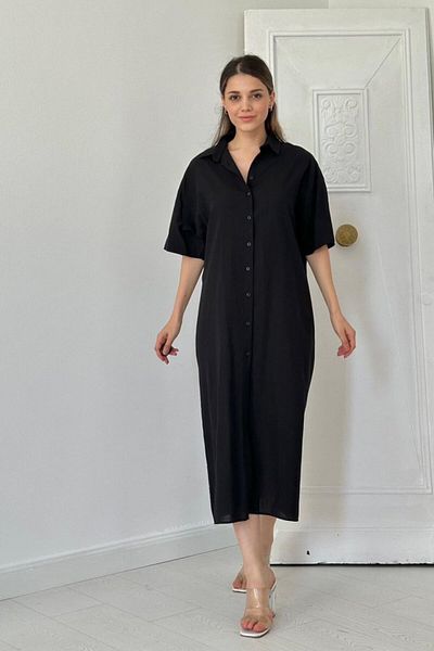 MODAVERA Black Linen Short Sleeve Dress