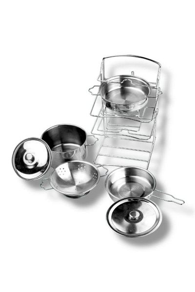 SAZE Atf-683E 8 Piece Steel Pot Pan Set with Shelf Educational Activity Toy