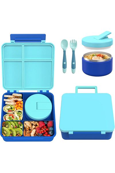Buy and Bill Bento Box with 8oz Thermos Insulated Leak-Proof Lunch Box Set with 4-Compartment BPA-Free Containers