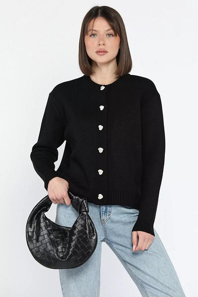 GÜLSELİ Black Women's Stone Heart Figured Buttoned Knitwear Cardigan
