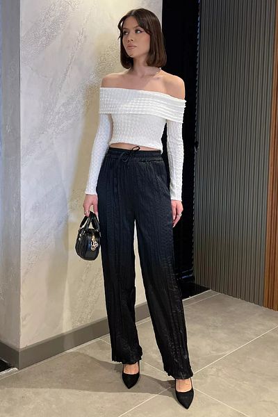 GÜLSELİ Black Women's Elastic Waist High Waist Satin Pleated Pants