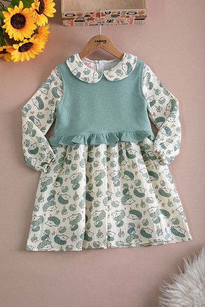 Cansın Mini Rochie pentru fetiță cu pulover cu model arici verde 20223