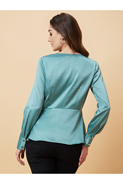 Globus By Styli Satin Pleated V-Neck Ruffle Hem Wrap Top