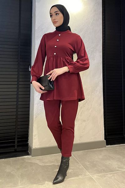 julude Claret Red Γυναικείο Παντελόνι με Πέτρα με Κουμπιά Βολάν Hijab Σετ δύο τεμαχίων