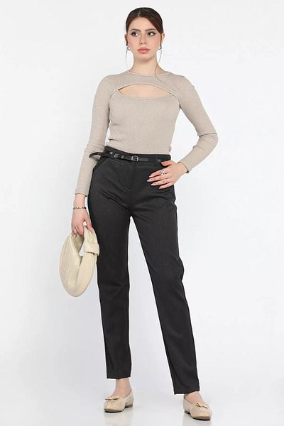 GÜLSELİ Anthracite Plus Size Women's Belted Fabric Trousers