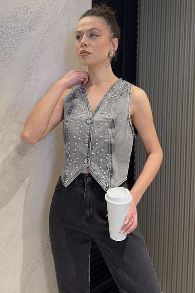 GÜLSELİ سترة جينز نسائية من أنثراسايت ستون