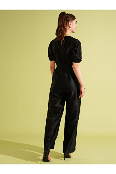 Globus By Styli Solid Satin Round Neck Puff Sleeve Waist Tie-Up Jumpsuit