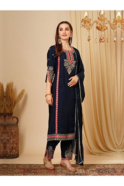 Globus By Styli Embroidered Lace Straight Kurta and Trousers and Dupatta Set