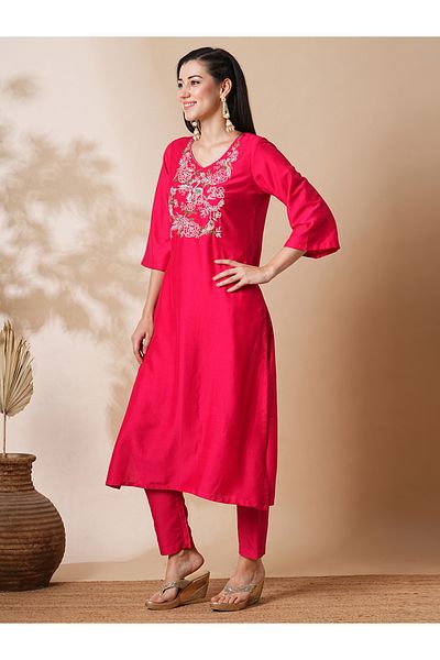Globus By Styli Embroidered Sleeves A-Line Kurta with Straight Trousers Set