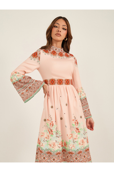 Keenly By Styli All-Over Floral Print High Neck Midi Dress