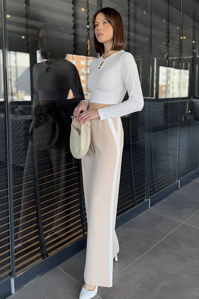 GÜLSELİ Beige Side Striped Wide Leg Women's Fabric Trousers