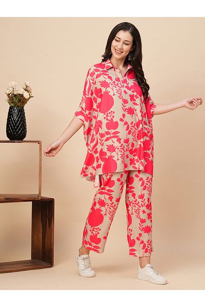 Globus By Styli Floral Print Spread Collar Kaftan Top and Trousers Co-Ords