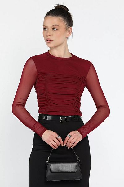 GÜLSELİ Γυναικεία Crop Μπλούζα με διάφανη μπλούζα με λαιμόκοψη