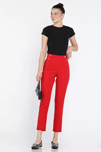GÜLSELİ Red Elastic Waist Slim Leg Women's Fabric Trousers