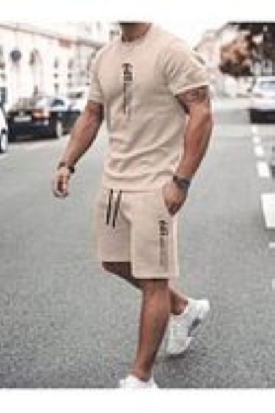 PENTHİLUS Unisex Oversized German Vertical Printed Short Sleeve Round Neck T-Shirt and Shorts Set