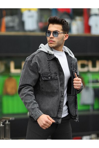 LTC Jeans سترة جينز كبيرة الحجم بغطاء للرأس وقابلة للفصل للرجال
