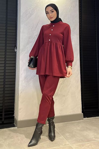 julude Claret Red Γυναικείο Παντελόνι με Πέτρα με Κουμπιά Βολάν Hijab Σετ δύο τεμαχίων