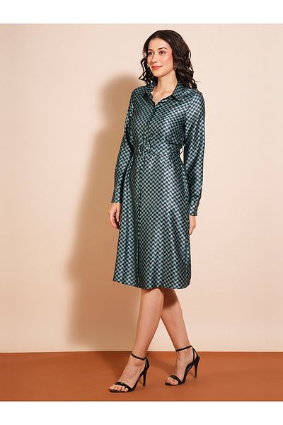 Globus By Styli Geometric Print Belted Detail Shirt Midi Dress
