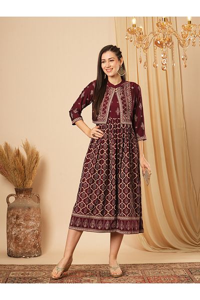 Globus By Styli All-Over Print Pleated A-Line Midi Dress with Sleeveless Detachable Koti
