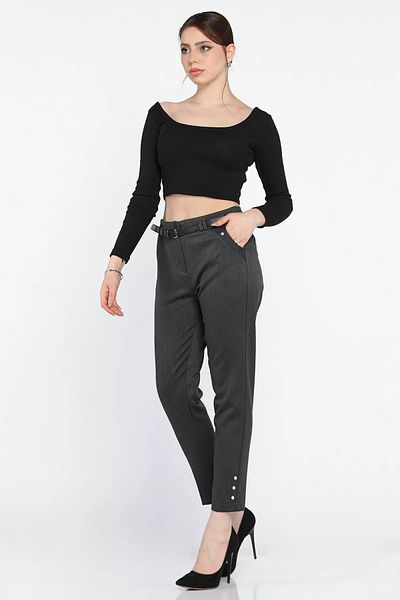 GÜLSELİ Anthracite Large Size Women's Fabric Trousers with Stone Detail and Belt