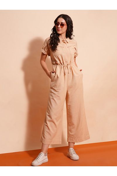 Globus By Styli Solid Spread Collar Waist Tie-Up Cargo Pockets Wide Leg Jumpsuit