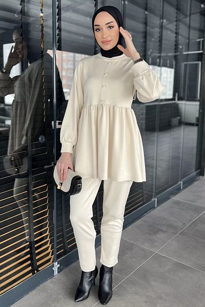 julude Ecru Women's Stoned Buttoned Frilly Tunic Trousers Hijab Double Set