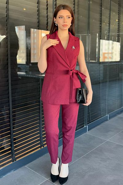 GÜLSELİ Claret Red Women's Brooch Detailed Vest Trousers Double Set