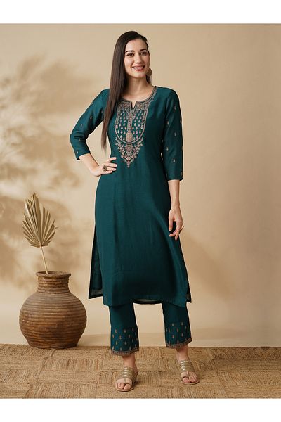 Globus By Styli Embroidered Straight Kurta and Trouser Set