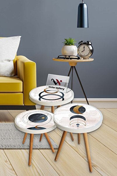 Victor Vallery Moon Dekoratif Ahşap 3'lü Roma Zigon Sehpa