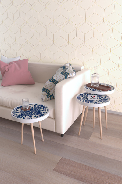 Victor Vallery New Blue Blanc Ahşap 3'lü Roma Zigon Sehpa