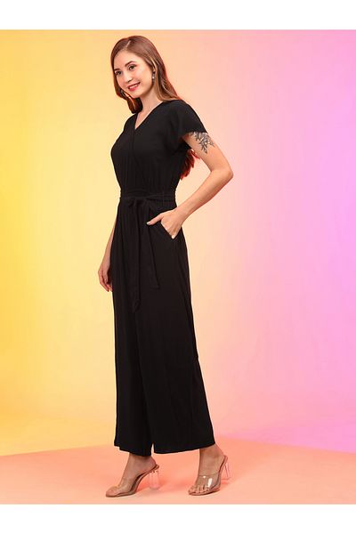 Globus By Styli Solid V-Neck Waist Tie-Up Wide Leg Jumpsuit