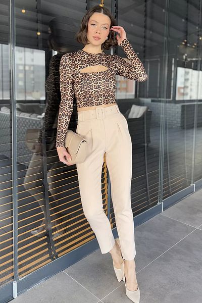 GÜLSELİ Women's Fabric Pants with Stone Belt