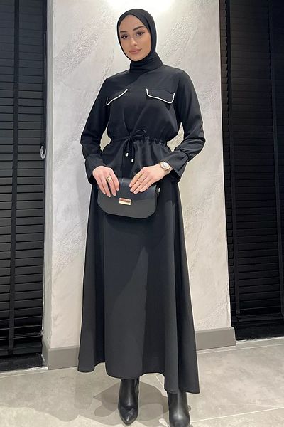 julude مجموعة مزدوجة من بلوزة تنورة حجاب بتفاصيل حجرية للكاحل والخصر للنساء باللون الأسود