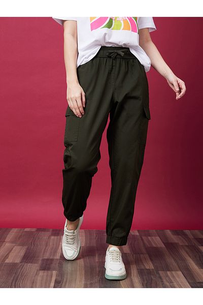 Globus By Styli Solid Mid-Rise Elasticated Waist Cargo Joggers with Drawstring
