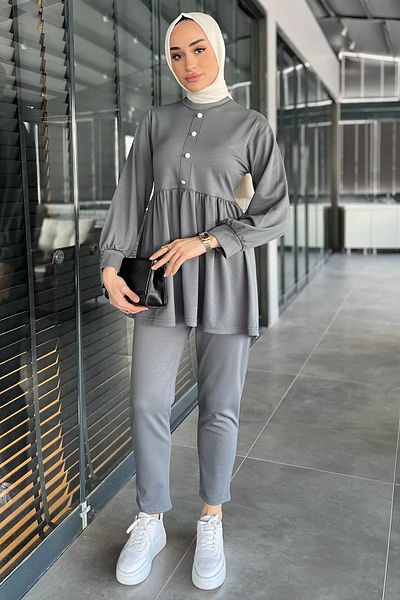 julude Set de două piese pentru femei, afumate, cu nasturi, cu volane, tunică, pantaloni, hijab