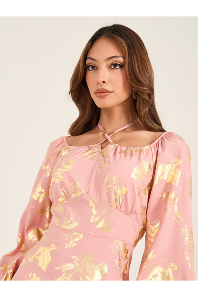 Keenly By Styli Cross Neck Detail Foil Printed Midi Dress