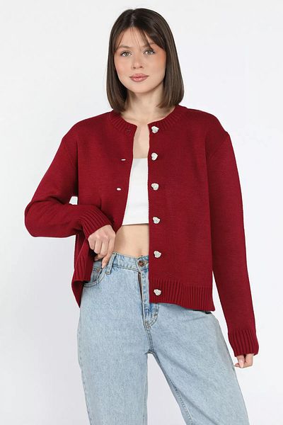 GÜLSELİ Claret Red Women's Stoned Heart Figured Buttoned Knitwear Cardigan