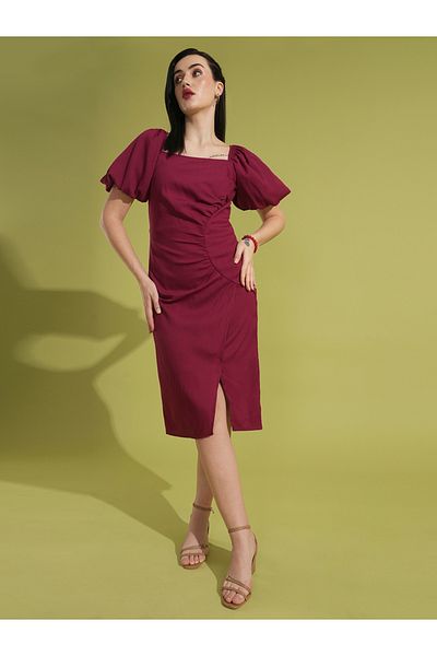 Globus By Styli Solid Gathered Square Neck Puff Sleeves Midi Dress
