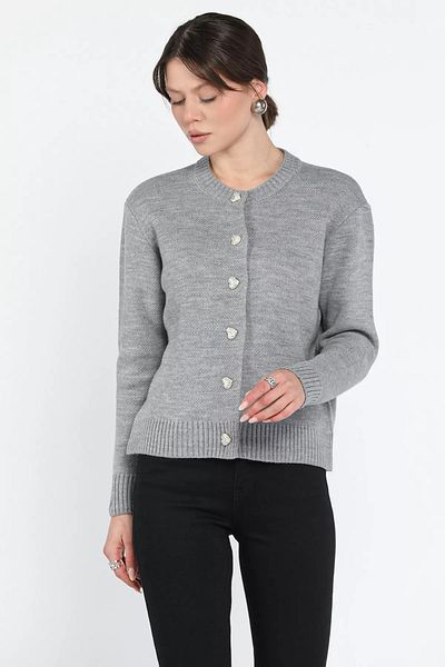 GÜLSELİ Gray Women's Stone Heart Figured Buttoned Knitwear Cardigan